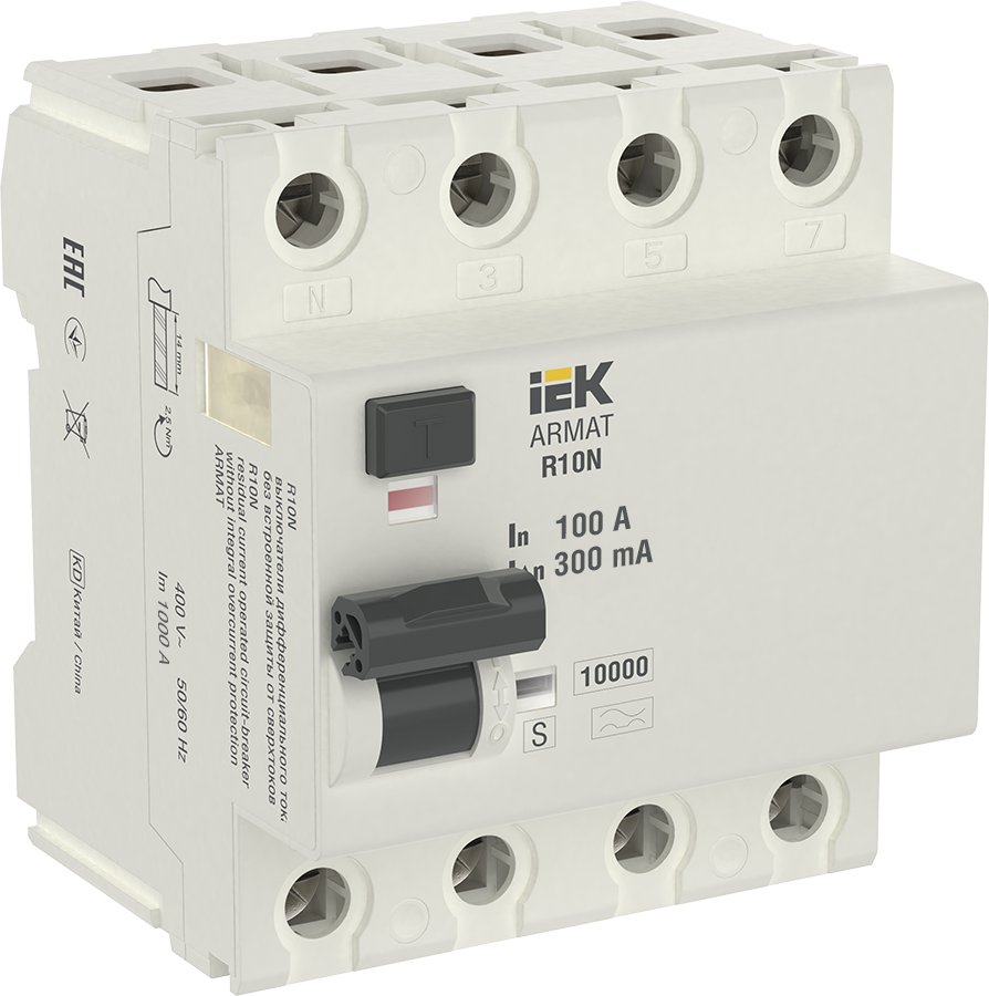 R10N Блок утечки тока 4-полюсный, 100А 300mA, 10kA, тип AC ИЭК, AR-R10N-4-100C300