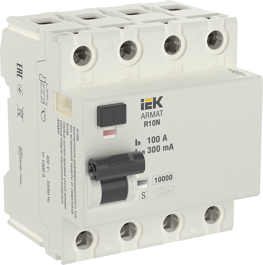 R10N Блок утечки тока 4-полюсный, 100А 300mA, 10kA, тип A-S ИЭК, AR-R10N-4-100AS300