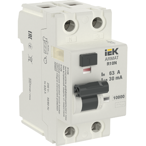 R10N Блок утечки тока 2-полюсный, 63А 30mA, 10kA, тип AC ИЭК, AR-R10N-2-063C030