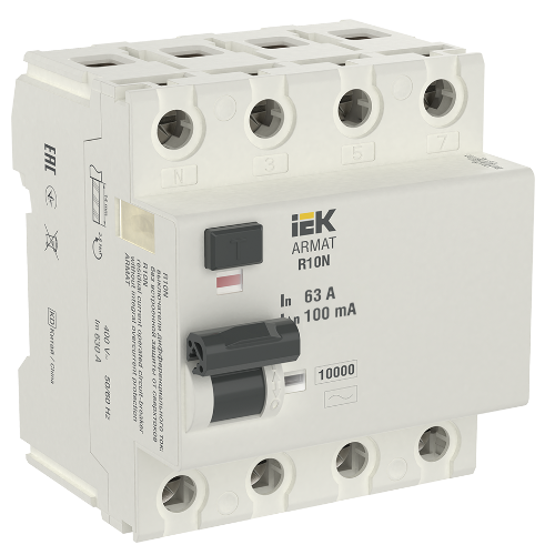 R10N Блок утечки тока 4-полюсный, 63А 100mA, 10kA, тип AC ИЭК, AR-R10N-4-063C100