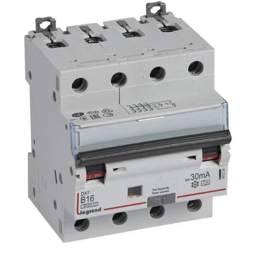 DX3 дифференциальный автоматический выключатель 4-полюсный, 16A, 30mA, тип А, 6kA (хар-ка B) Legrand, 411224