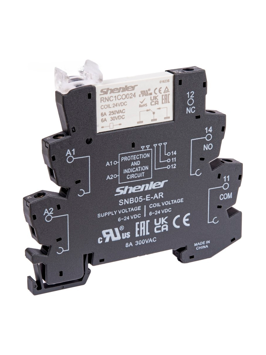 Реле интерфейсное с колодкой, винтовой зажим, 1CO, 6A(250VAC), 24VAC/DC, LED, W= Shenler