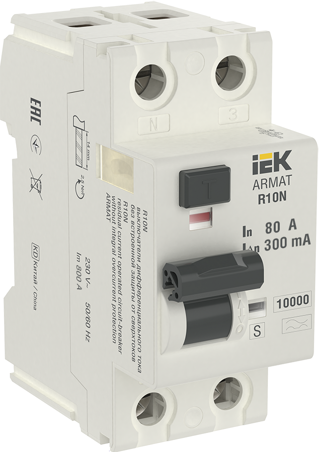 R10N Блок утечки тока 2-полюсный, 80А 300mA, 10kA, тип A-S ИЭК, AR-R10N-2-080AS300
