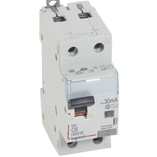 DX3 дифференциальный автоматический выключатель 1P+N, 6A, 30mA, тип АC, 10kA, (хар-ка C) Legrand, 410999
