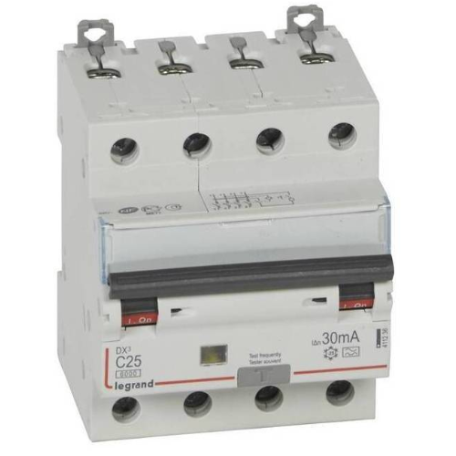 DX3 дифференциальный автоматический выключатель 4-полюсный, 25A, 30mA, тип А, 6kA (хар-ка C) Legrand, 411236