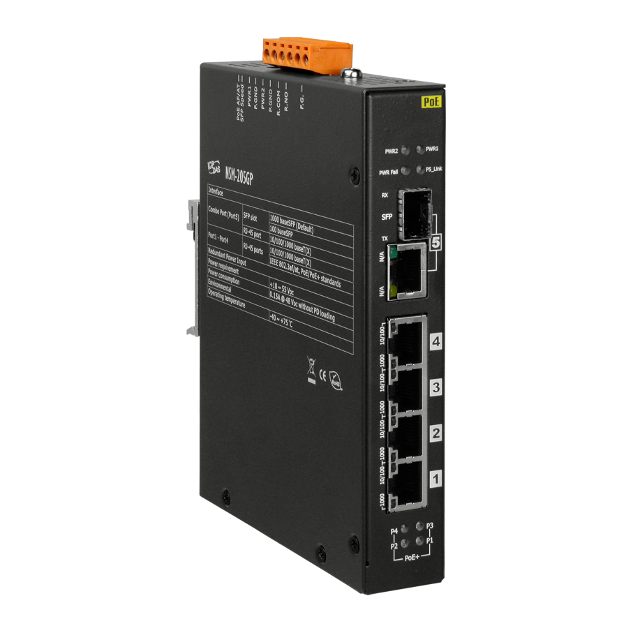 5-портовый неуправляемый PoE коммутатор: 4 порта IEEE 802.3af/at PoE+ 10/100/1000BaseT(X), 1x100/1000Base SFP, -40...+75C ICP DAS