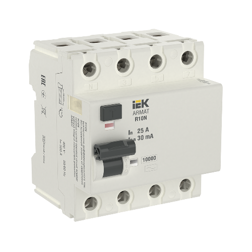 R10N Блок утечки тока 4-полюсный, 25А 30mA, 10kA, тип AC ИЭК, AR-R10N-4-025C030