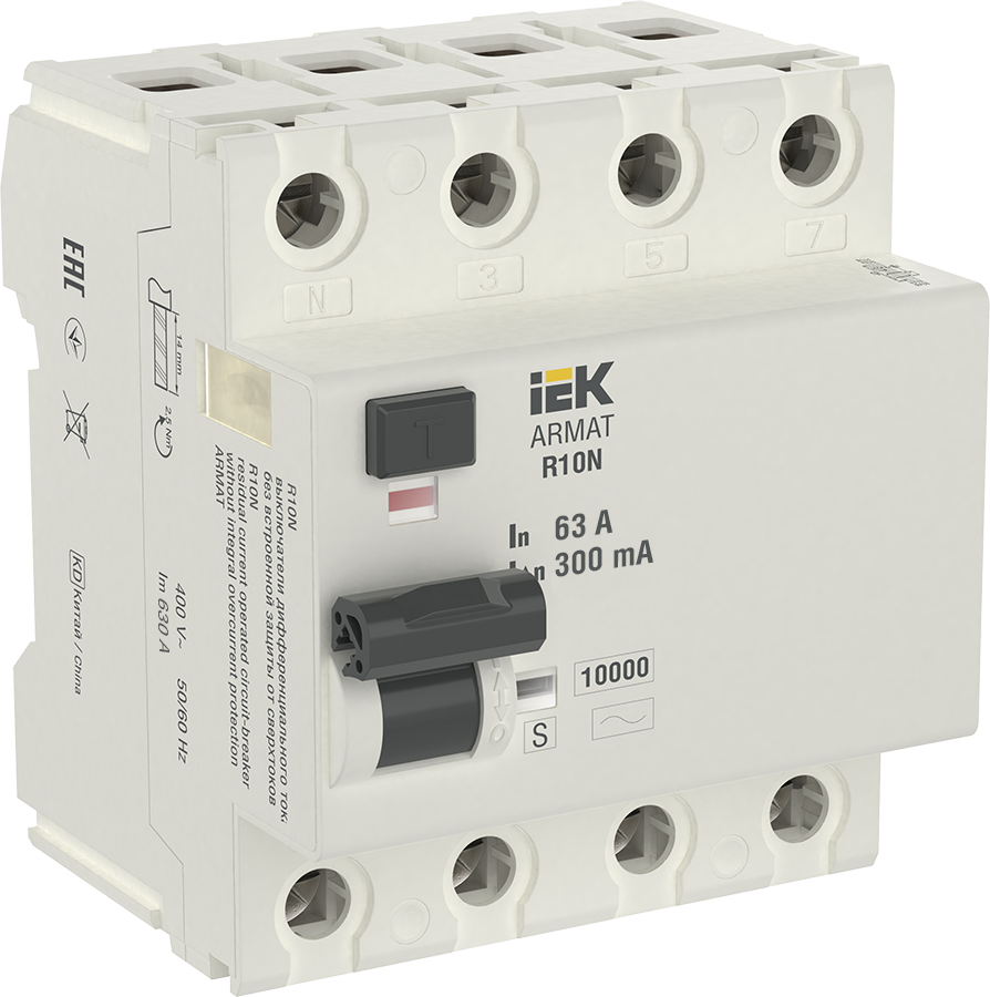 R10N Блок утечки тока 4-полюсный, 100А 300mA, 10kA, тип AC-S ИЭК, AR-R10N-4-063CS300