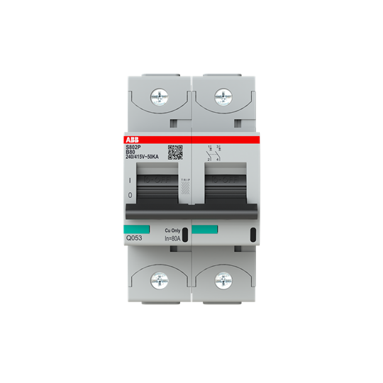 S802P B80 Автоматический выключатель 2-полюсный, 80A, 50kA (хар-ка B) ABB, 2CCG001217R0001