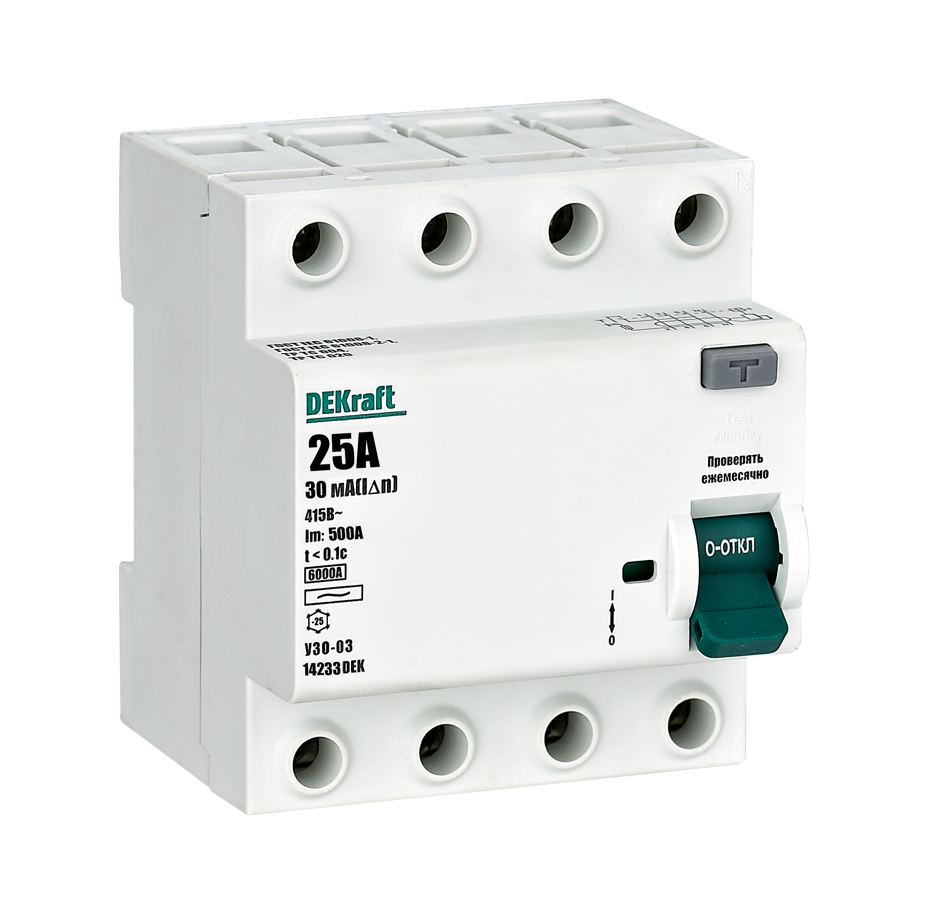 УЗО-03 Блок утечки тока 4-полюсный, 40A, 30mA, тип АC, 6kA DEKraft, 14235DEK