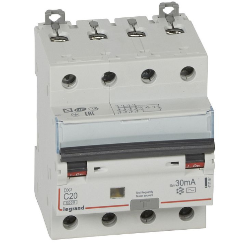 DX3 дифференциальный автоматический выключатель 4-полюсный, 20A, 30mA, тип АC, 6kA (хар-ка C) Legrand, 411187