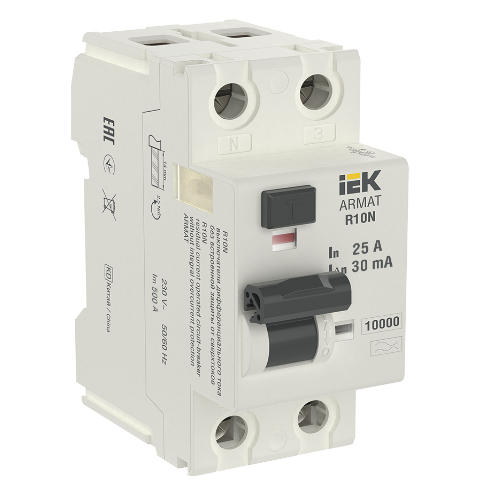 R10N Блок утечки тока 2-полюсный, 25А 30mA, 10kA, тип A ИЭК, AR-R10N-2-025A030