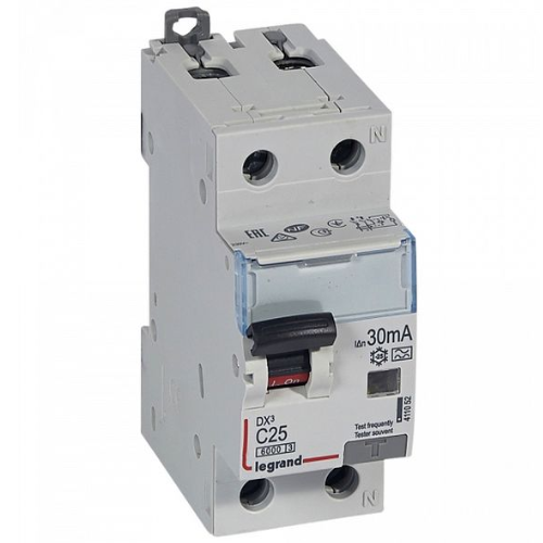 RX3 дифференциальный автоматический выключатель 1P+N 25А 30мА, тип АC, 6kA (хар-ка C) Legrand, 419401