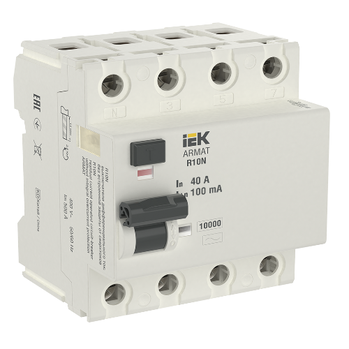 R10N Блок утечки тока 4-полюсный, 40А 100mA, 10kA, тип AC ИЭК, AR-R10N-4-040C100