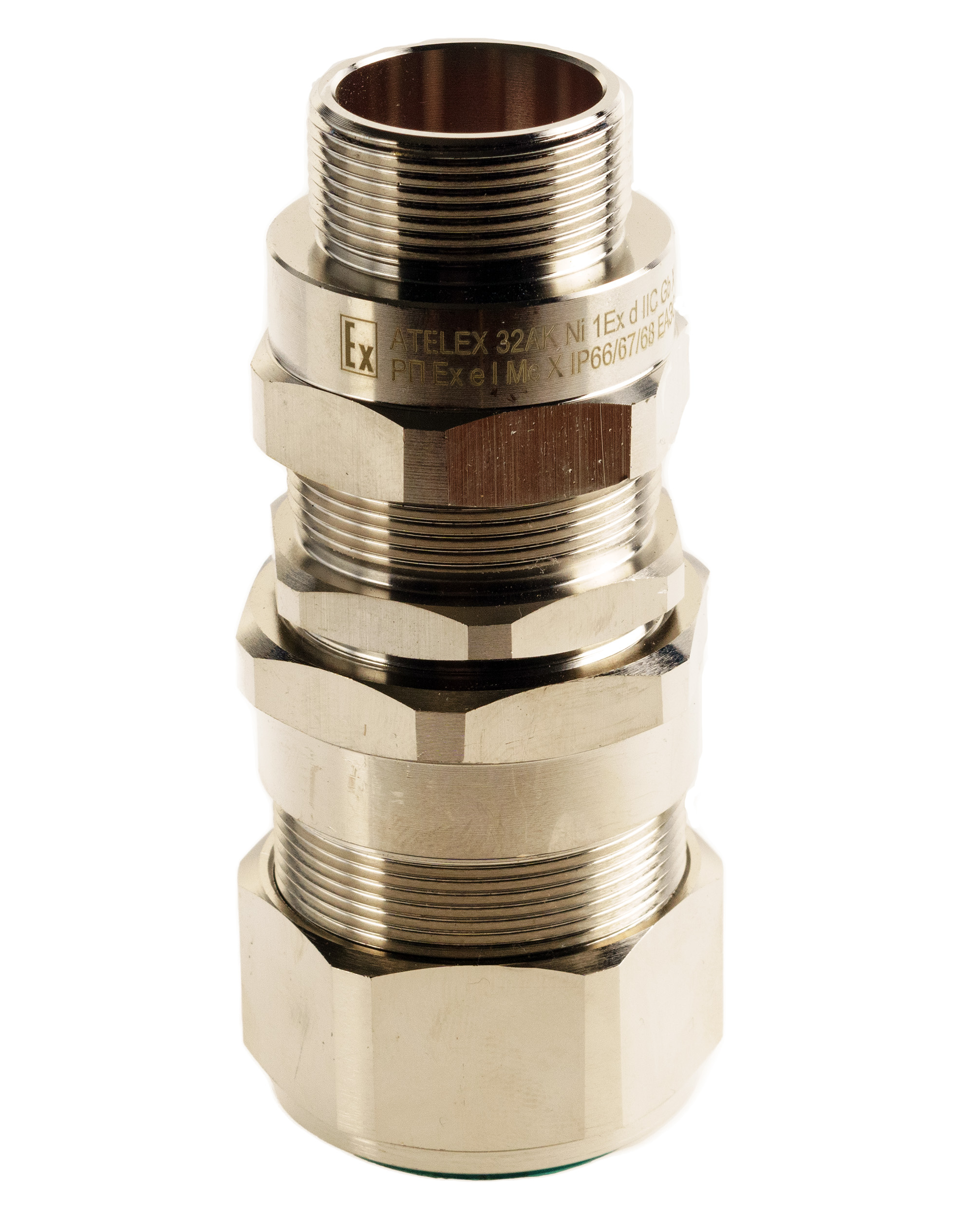 Extherm Extherm 32AK 05 Кабельный ввод взрывозащищенный М32х1,5 с уплотнением для бронированного силового кабеля d вн. 17-25,9 мм, d нар.23,7-33,9 мм, М32x1,5 6g, 1ExdIIC Gb X / 1ExeII Gb X, IP66/67/68 и гайкой, латунь