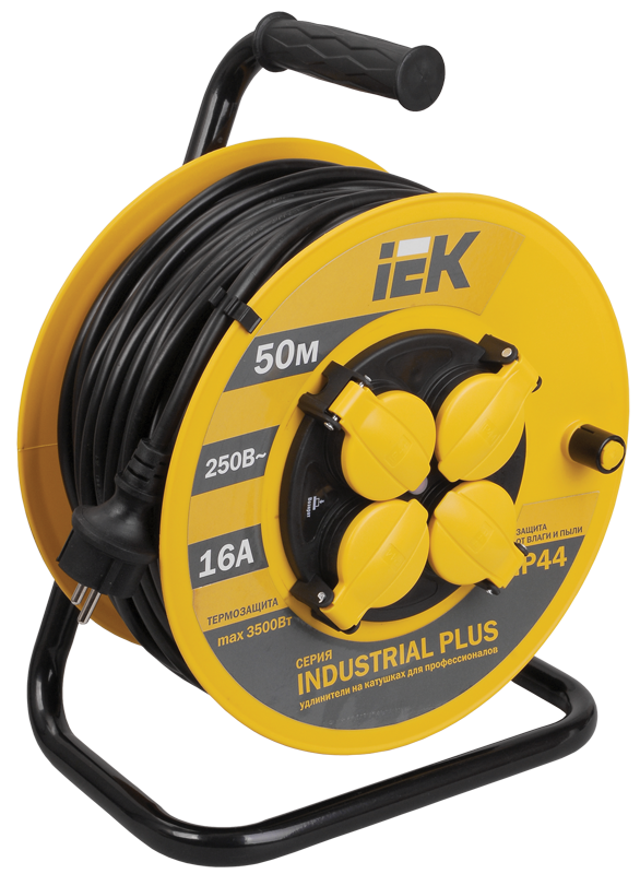 Катушка УК50 с т/з 4 места 2Р+PЕ/50метров 3х1,5мм2 IP44 "Industrial plus" ИЭК, WKP15-16-04-50-44