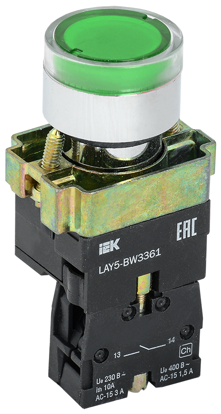 LAY5-BW3361 Кнопка управления зеленая d22мм с подсветкой 1нз ИЭК, BBT50-BW-K06