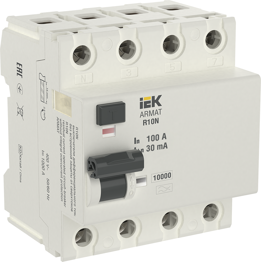 R10N Блок утечки тока 4-полюсный, 100А 30mA, 10kA, тип AC ИЭК, AR-R10N-4-100C030
