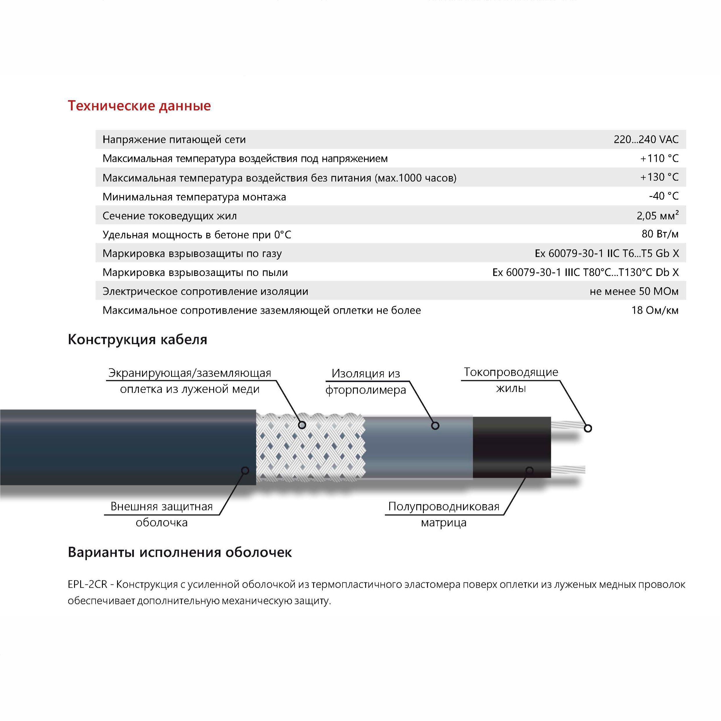 Extherm Extherm EPL-2CR Кабель нагревательный саморегулирующийся 80 Вт/м при 0°С в бетоне EPL-2CR (открытые площадки, подъездные пути, тротуары) , термопласт
