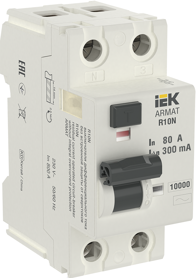 R10N Блок утечки тока 2-полюсный, 80А 300mA, 10kA, тип AC ИЭК, AR-R10N-2-080C300