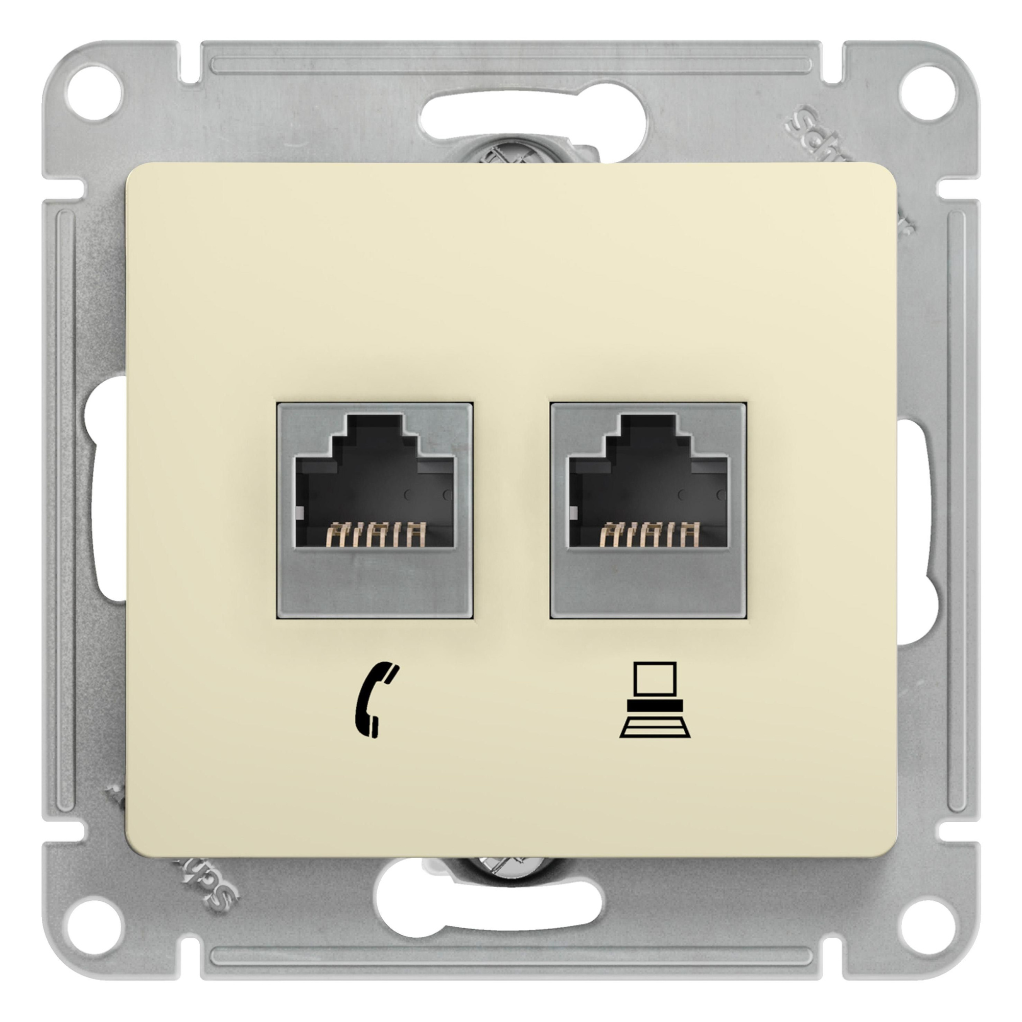Розетка двойная телефонная + компьютерная RJ11+RJ45, кат.5E, (бежевый) Glossa Systeme Electric, GSL000285