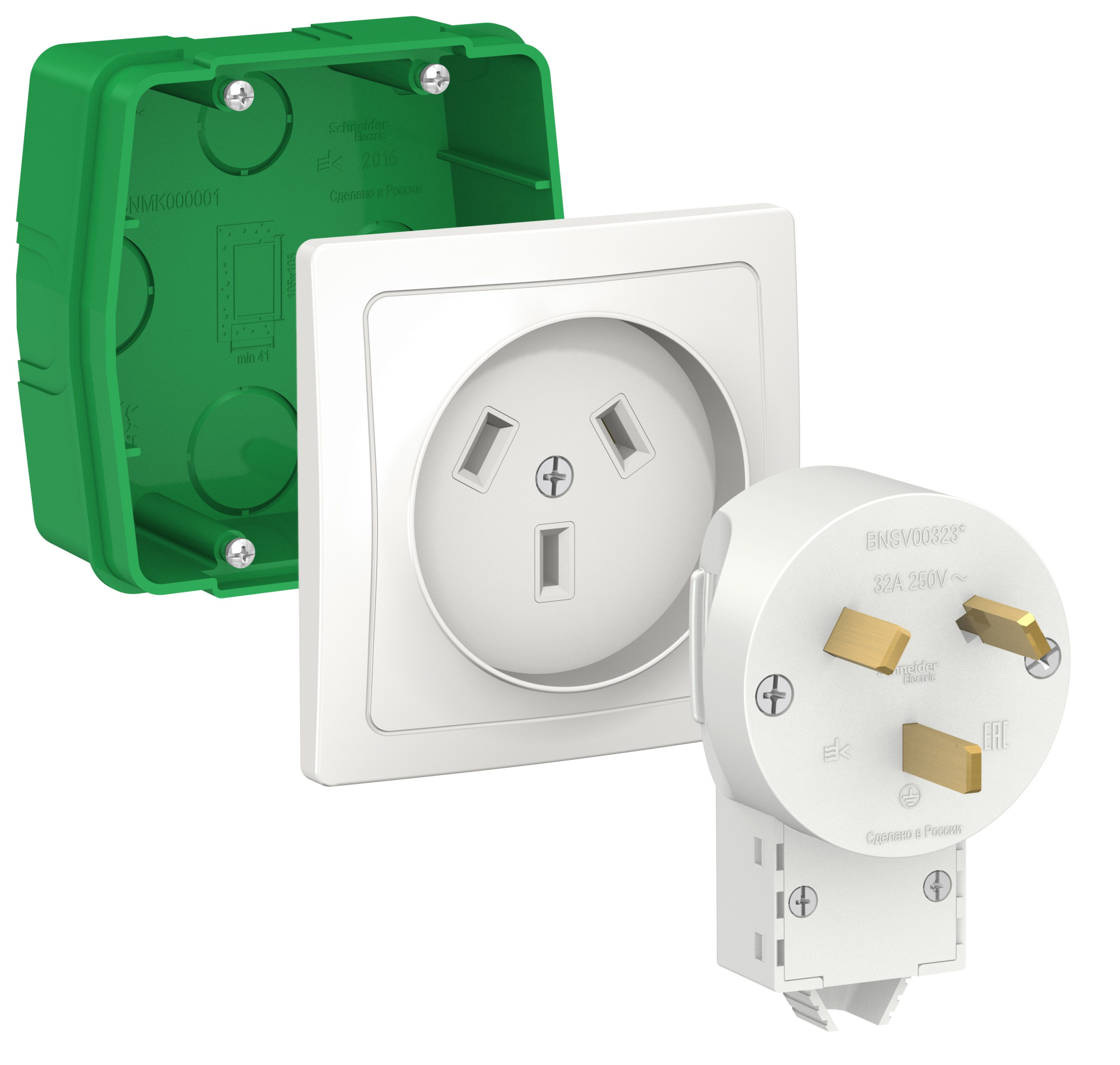 Силовой комплект 32А, 250В: Розетка, вилка, монтажная коробка (белый) Blanca Systeme Electric, BLNSK013231