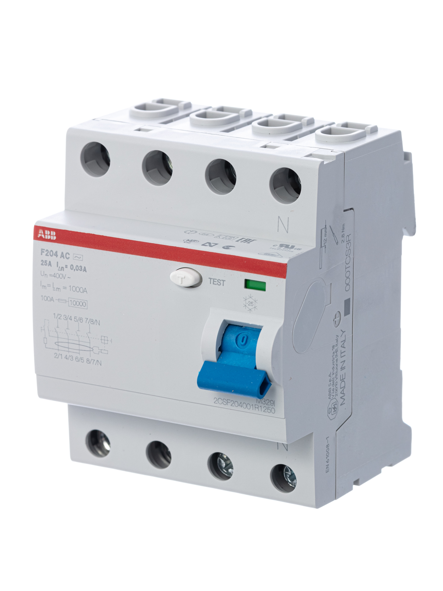 F204 AC 25/30 Блок утечки тока 4-полюсный, 25A, 30mA, тип АC (УЗО) ABB, 2CSF204001R1250