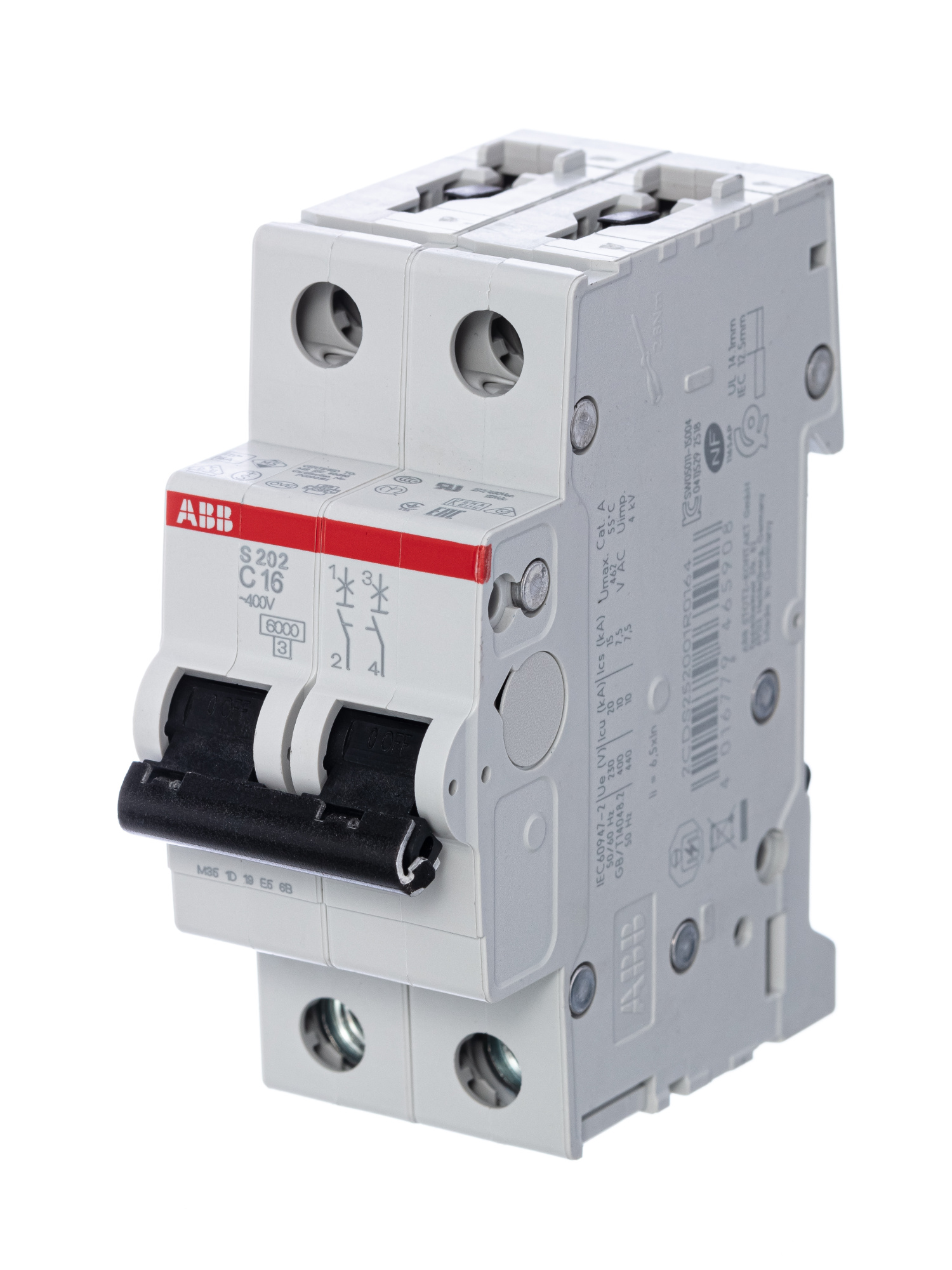 S202 C16 Автоматический выключатель 2-полюсный, 16А, 6кА (хар-ка C) ABB, 2CDS252001R0164