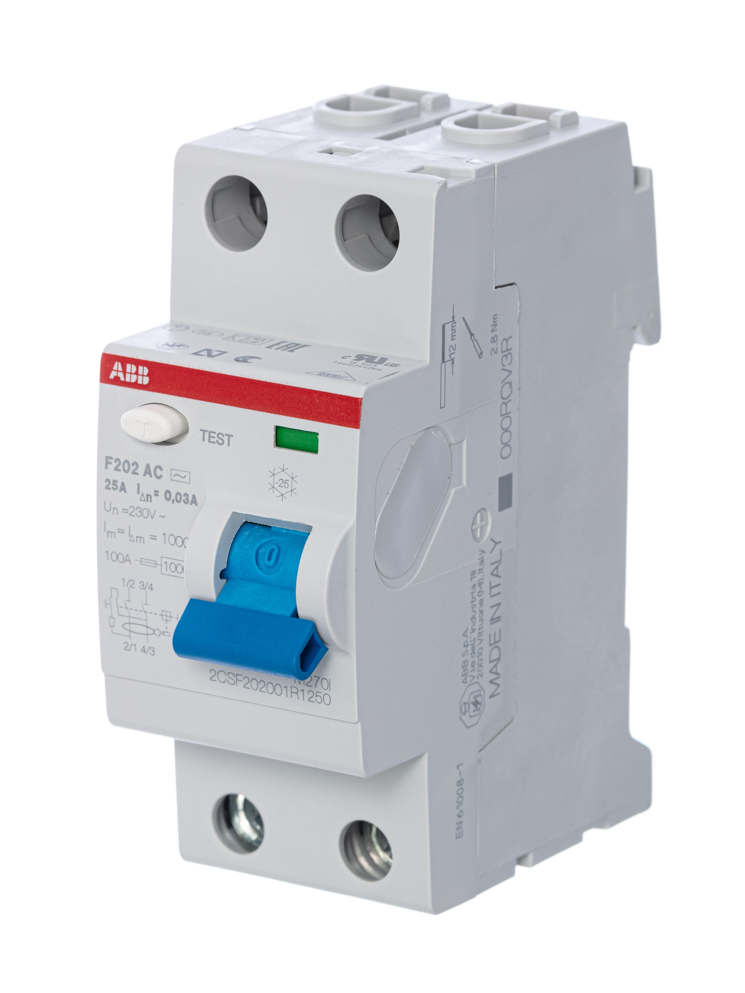 F202 AC 25/30 Блок утечки тока 2-полюсный, 25A, 30mA, тип АC (УЗО) ABB, 2CSF202001R1250