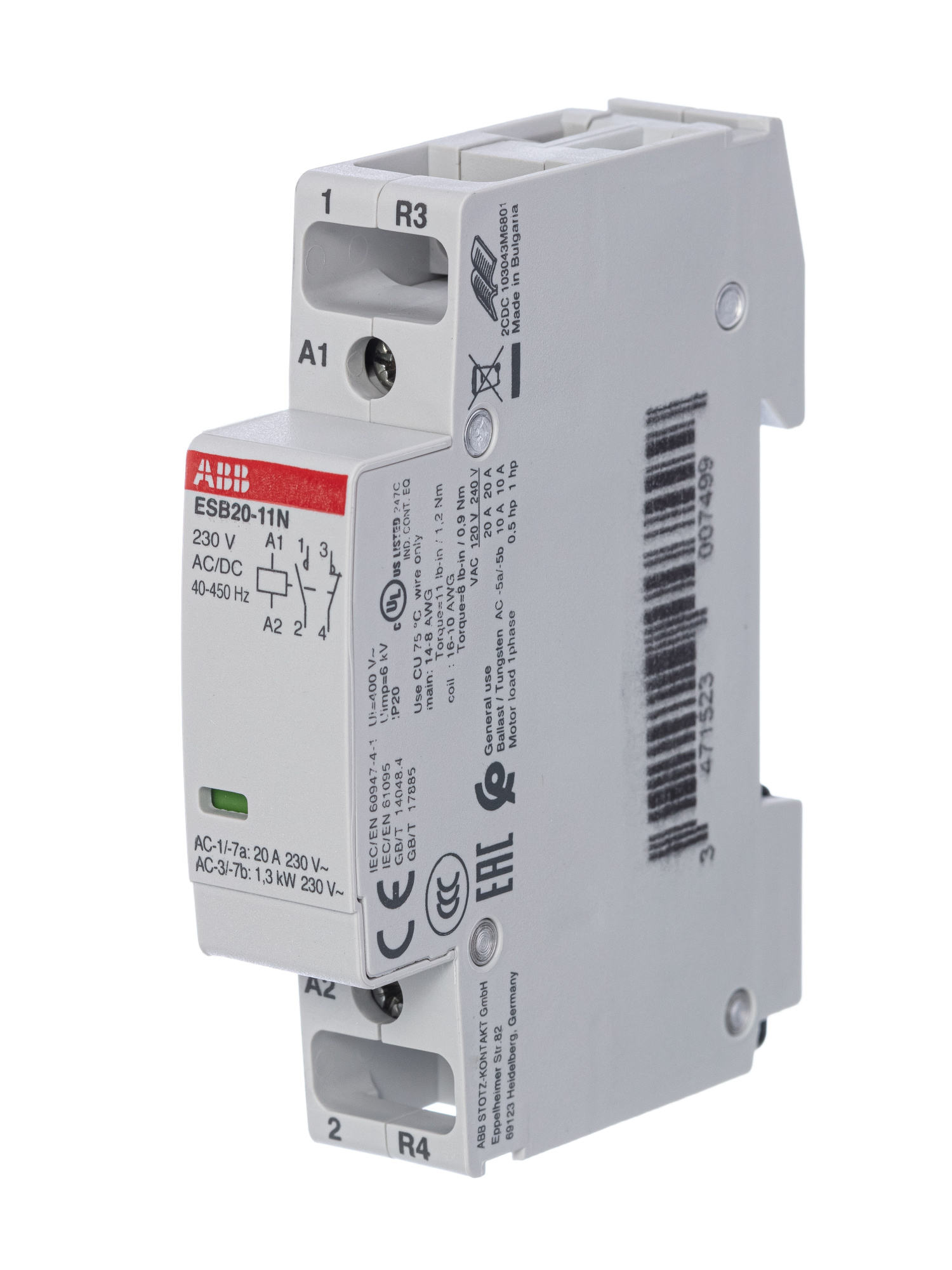 ESB20-11N-06 Контактор модульный (20А АС-1, 1НО+1НЗ), 230В AC/DC ABB, 1SBE121111R0611