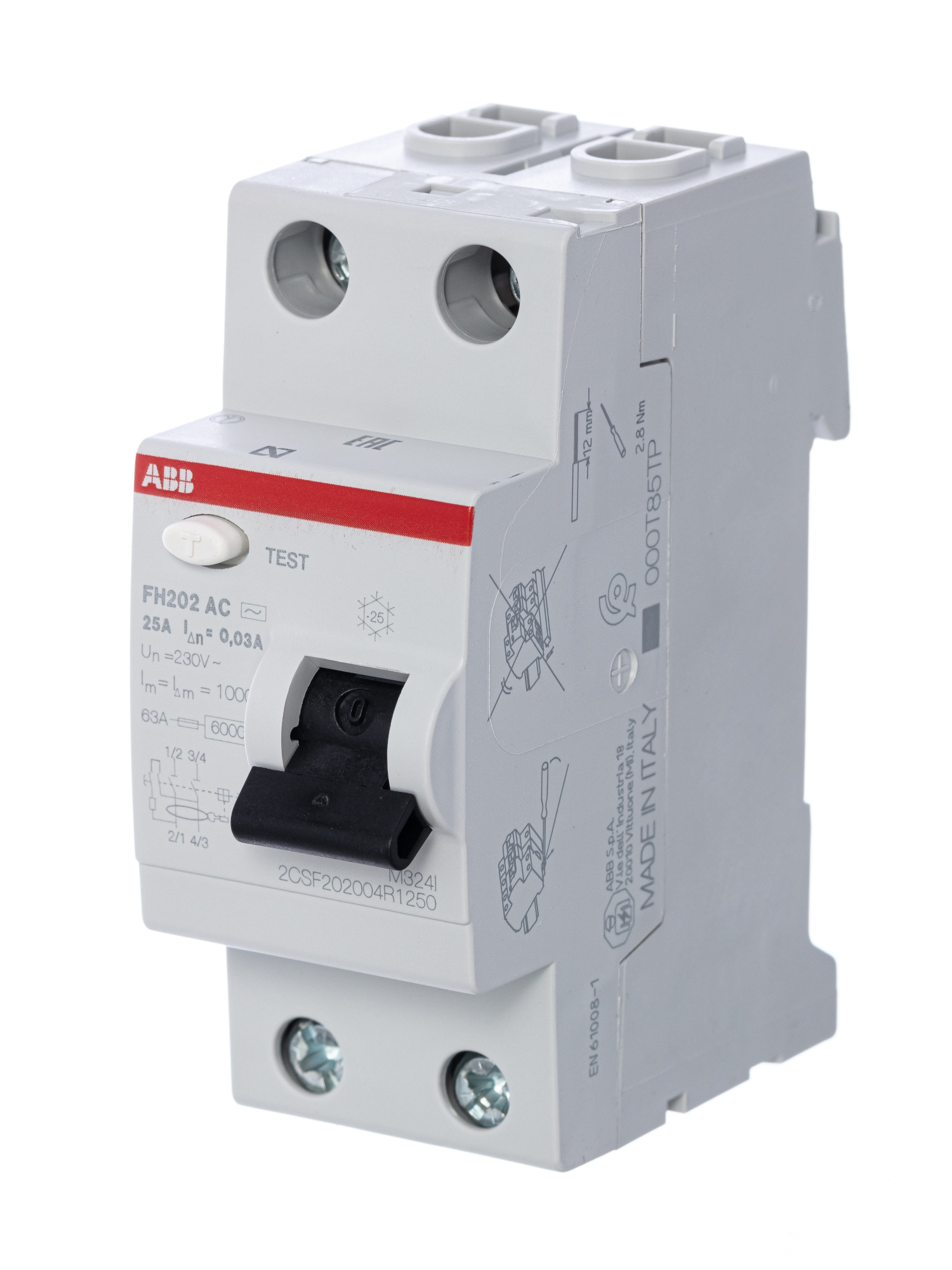 FH202 AC 25/30 Блок утечки тока 2-полюсный, 25A, 30mA, тип АC (УЗО) ABB, 2CSF202004R1250