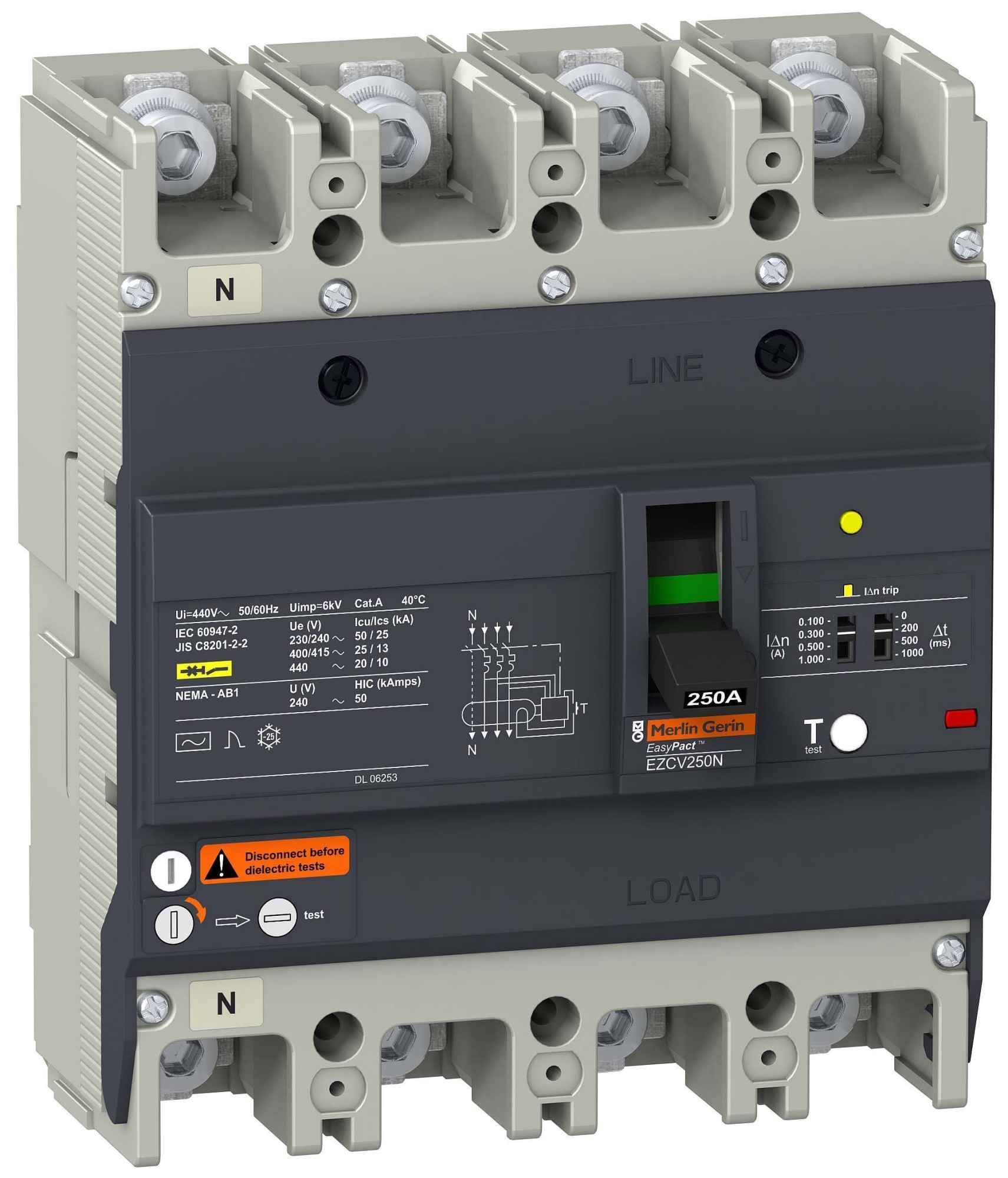 Автоматический выключатель с диф.защ. 25 ка/415в 4п3т 63a Schneider Electric, EZCV250N4063