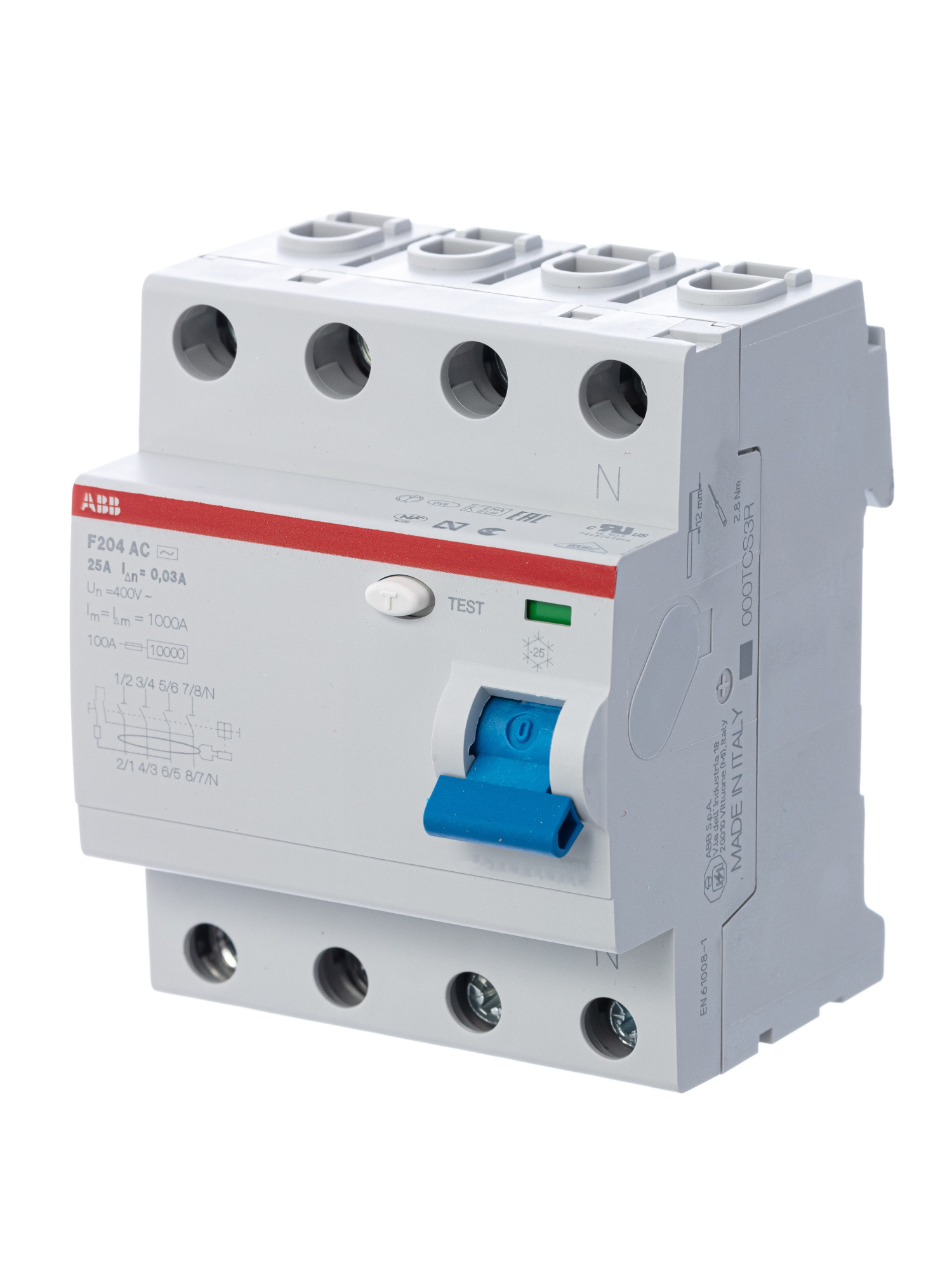 F204 AC 80/30 Блок утечки тока 4-полюсный, 80A, 30mA, тип АC (УЗО) ABB, 2CSF204001R1800